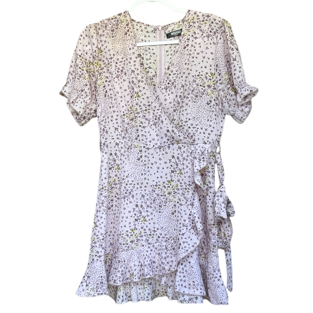 MISSGUIDED Purple Floral Print Tie Around The Waist Mini Dress With Ruffles Sz 4